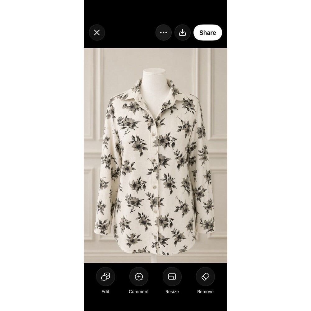 Basic Editions Women’s Size M Ivory Gray Floral Button Front Textured Blouse